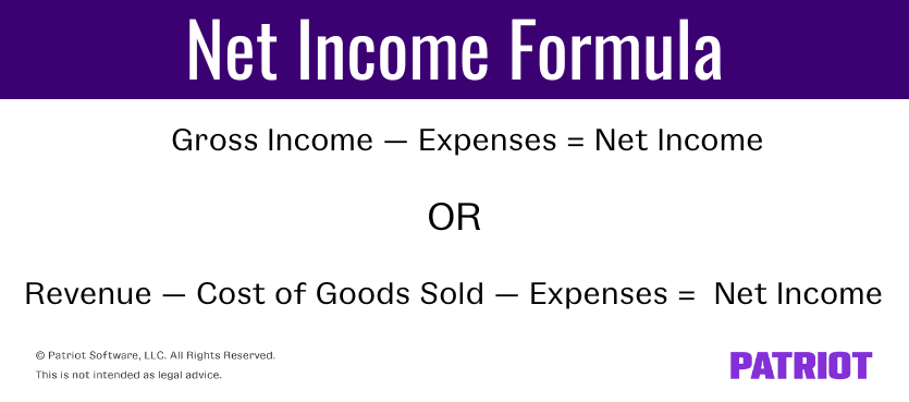 Net income formula. There are two choices for the net income formula. Gross income minus expenses equals net income or Revenue minus cost of goods sold minus expenses equals net income. 