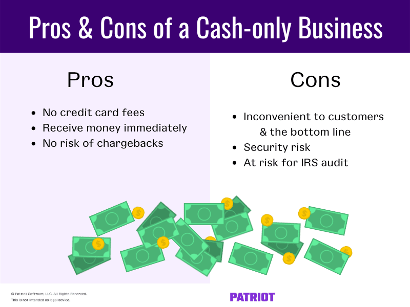 Pros and cons of a cash-only business. Pros include no credit card fees, receive money immediately, no risk of chargebacks. Cons include inconvenient to customers and the bottom line, security risk, puts you at risk for an IRS audit.