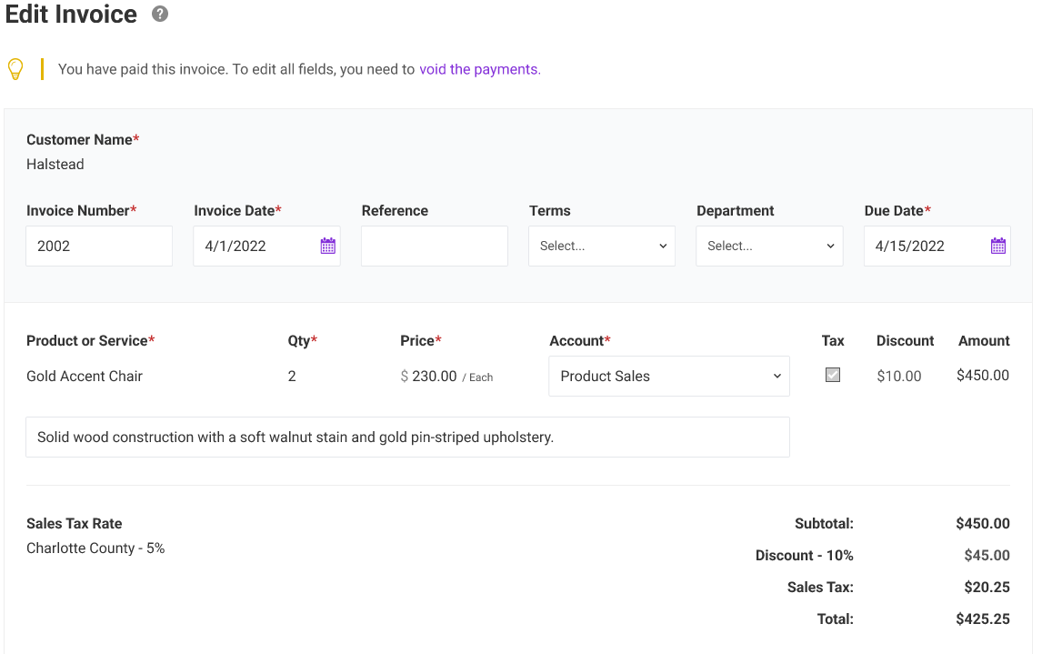 Edit Invoice page in Patriot's accounting software