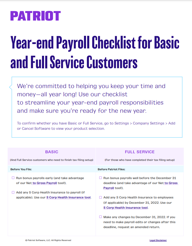 year-end payroll checklist for Patriot's Basic and Full Service customers 