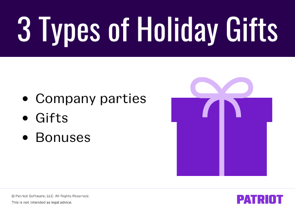There are three types of holiday gifts to consider. They include company parties, gifts, and bonuses. 