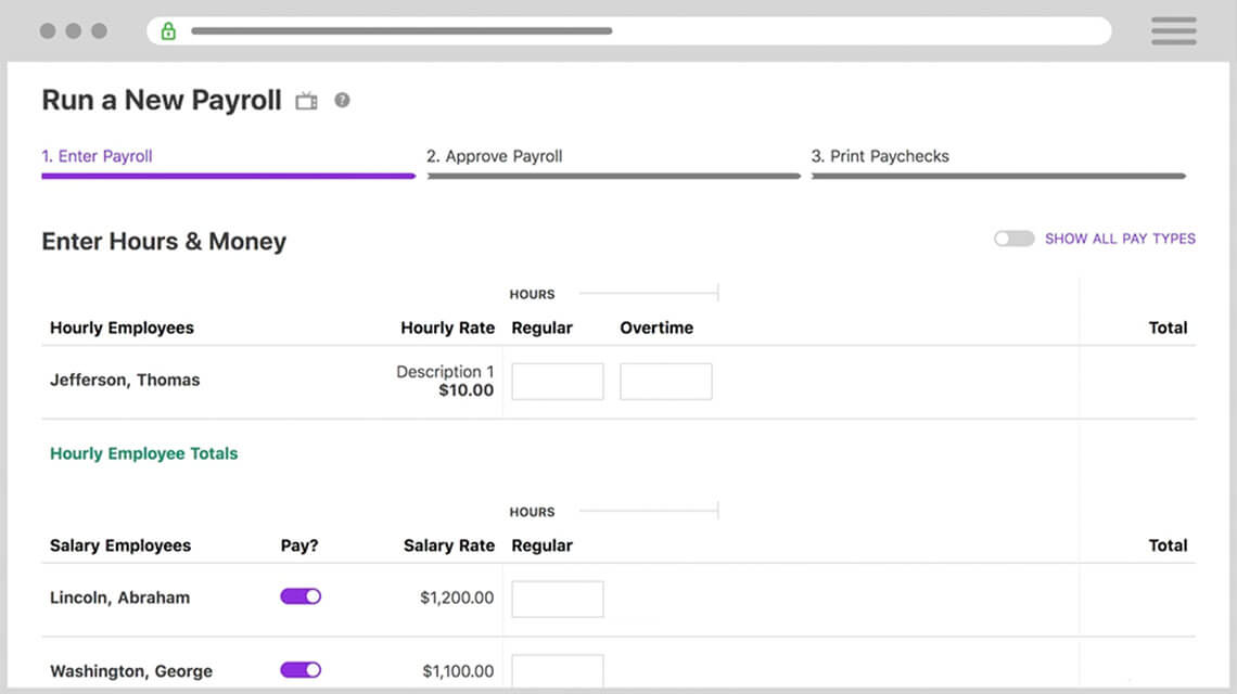 Enter hours in Patriot payroll software Run a Payroll screen.