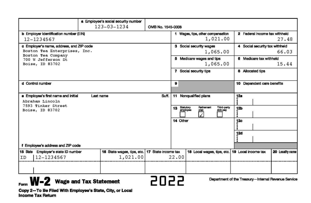IRS Form W-2 example showing box 1 amount lower than boxes 3 and 5