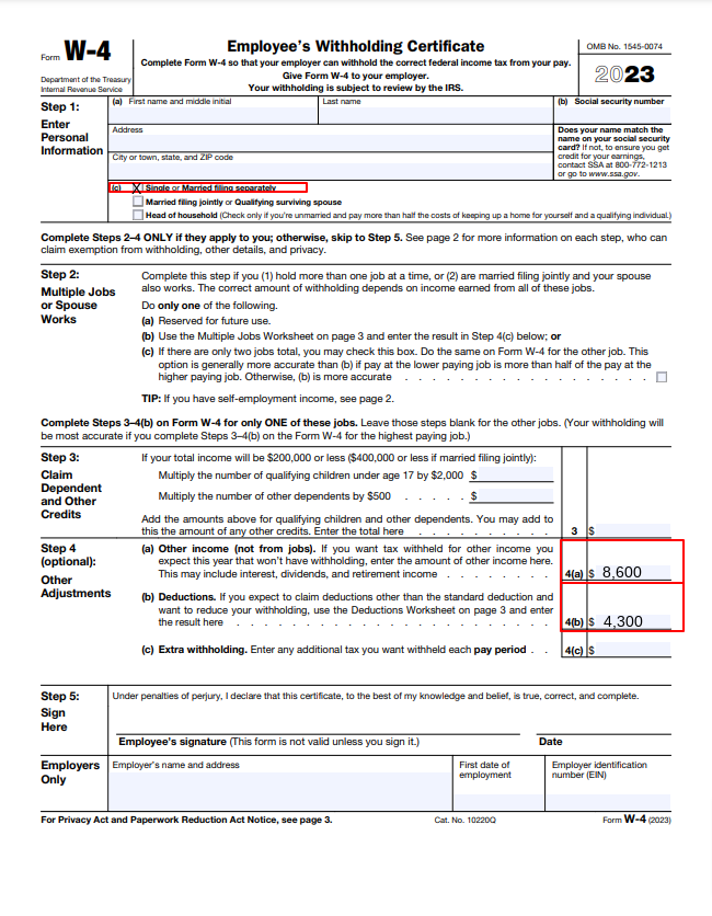 2023 Form W-4 filled out using the computational bridge 