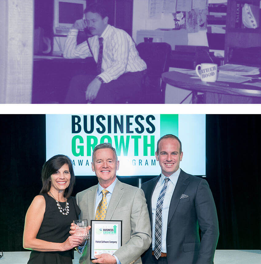 Patriot's CEO and Founder, Mike Kappel, on the phone; also pictured are Patriot team members accepting the Best Overall Technology Success Story award for Patriot Software