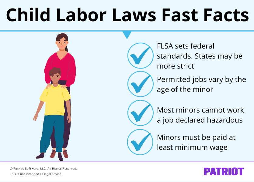Child labor laws fast facts: 1. FLSA sets federal standards. States may be more strict. 2. Permitted jobs vary by the age of the minor 3. Most minors cannot work a job declared hazardous 4. Minors must be paid at least minimum wage