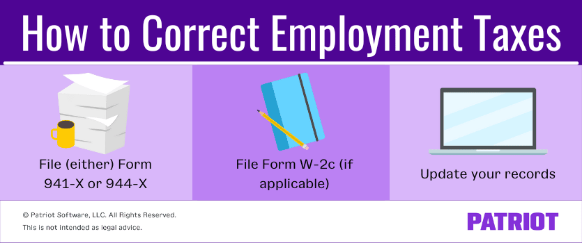Correcting employment taxes: File (either) Form 941-X or 944-X; file Form W-2c (if applicable); update your records