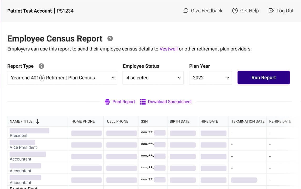 Employee census report screenshot