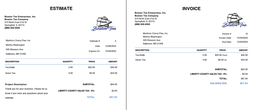 estimate and invoice examples from Patriot Software's demo, side by side. 