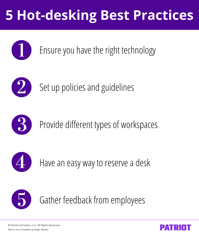 5 Hot-desking best practices:
1. Ensure you have the right technology
2. Set up policies and guidelines
3. Provide different types of workplaces
4. Have an easy way to reserve a desk
5. Gather feedback from employees