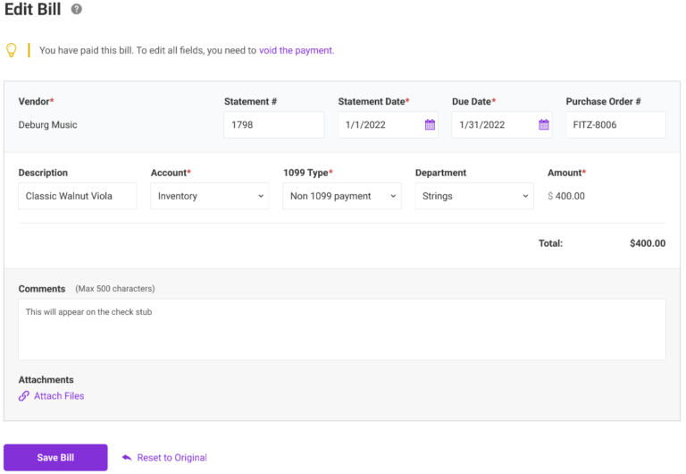 Ability to edit paid vendor bills in Patriot Software