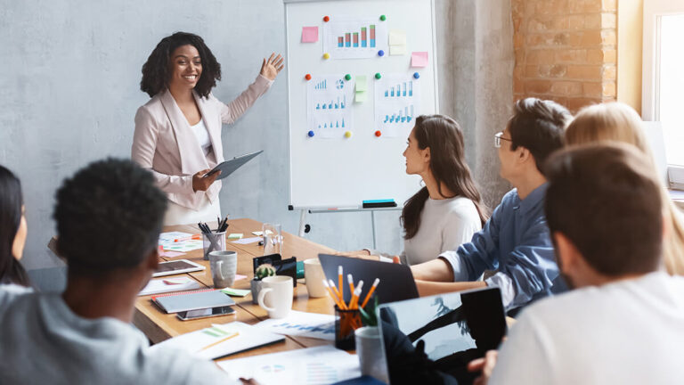 Business owner doing an investment proposal in front of a panel of investors.