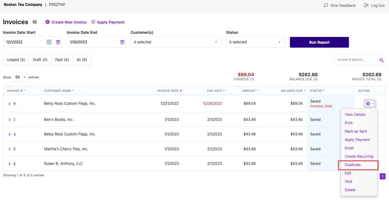 Duplicate invoice function in Patriot's accounting software