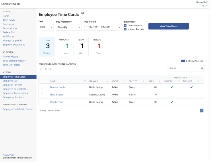 Employee time cards in employee portal