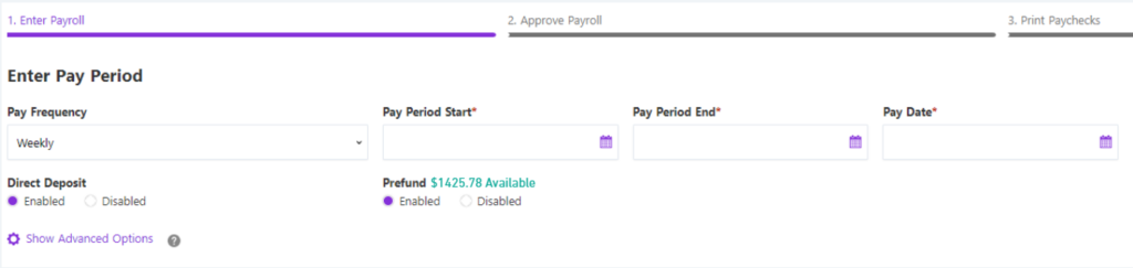 Prefund balance display on Step 1 of Patriot's payroll Software