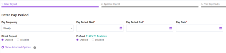 Prefund balance display on Step 1 of Patriot's payroll Software