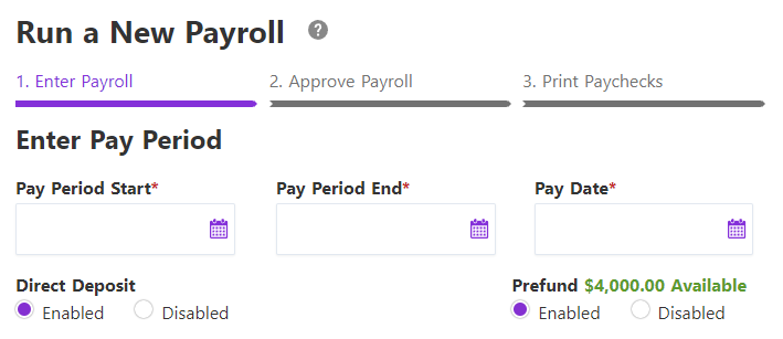 Prefund balance display on Step 1 of Patriot's payroll Software