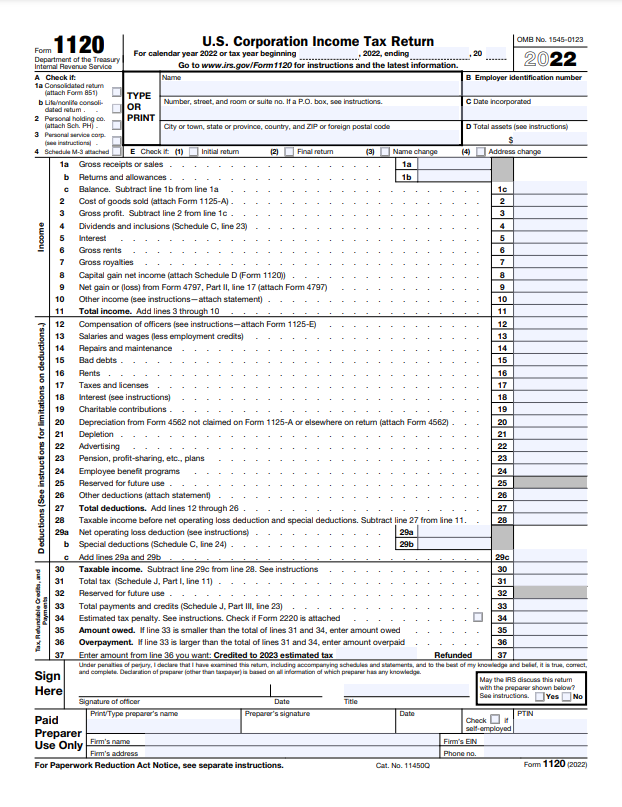 screenshot of IRS Form 1120 (2022)