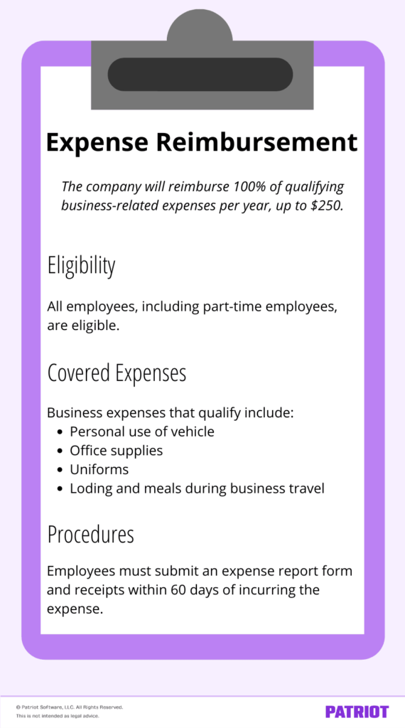 Expense reimbursement policy example: Eligibility, covered expenses, procedures