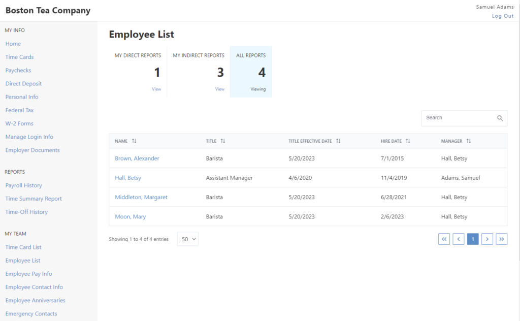 Employee list in the employee portal