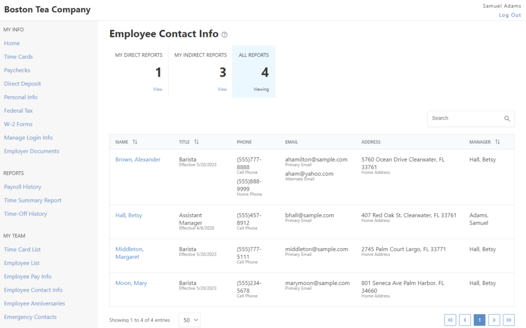 Employee contact info in the employee portal