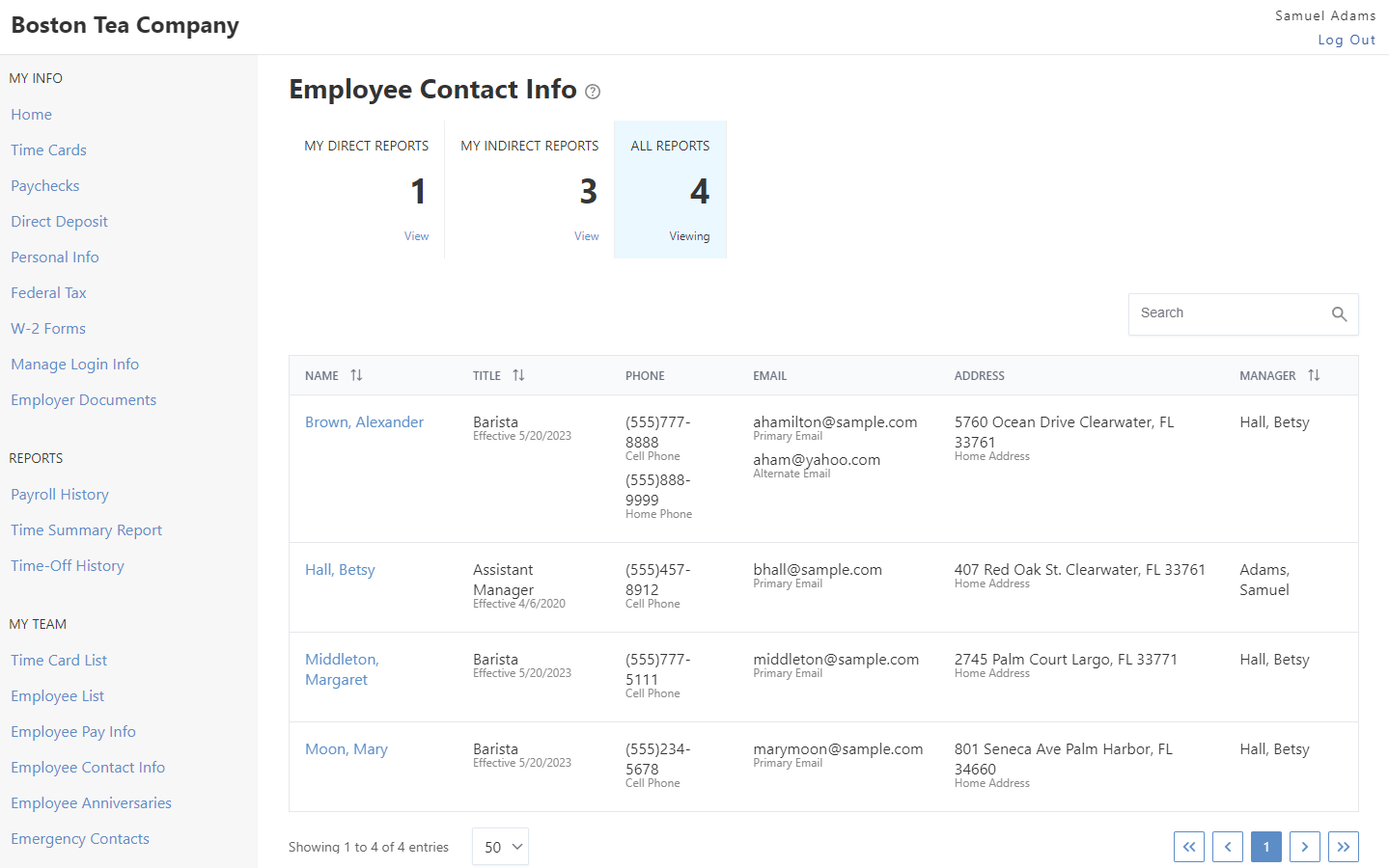 Example of viewing employee contact info in the employee portal