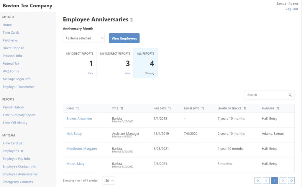 Employee anniversaries in the employee portal
