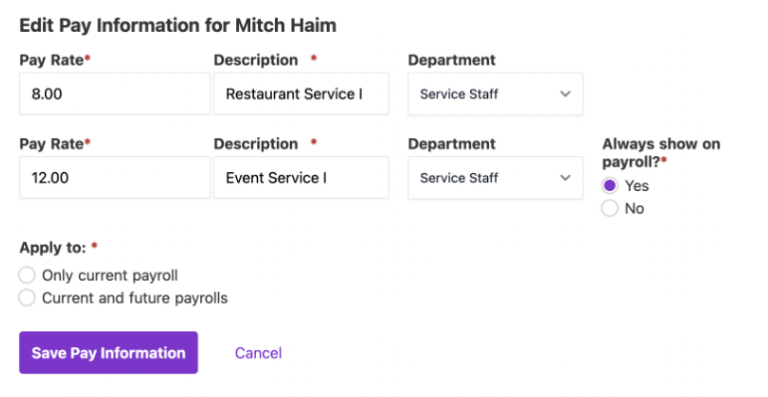 example of updating an hourly payrate in Patriot Software