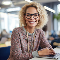 Happy woman in Patriot's partner program on a laptop.