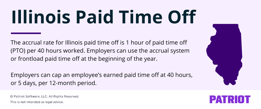 Illinois paid time off: The accrual rate for Illinois paid time off is 1 hour of paid time off (PTO) per 40 hours worked. Employers can use the accrual system or frontload paid time off at the beginning of the year.

Employers can cap an employee’s earned paid time off at 40 hours, or 5 days, per 12-month period. 