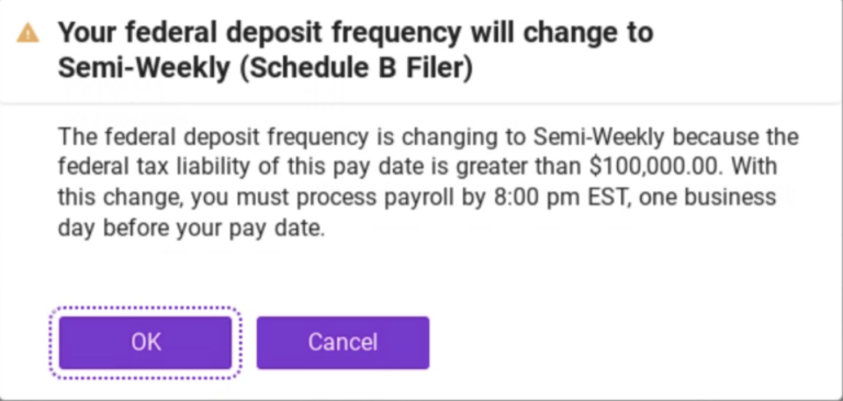 example of overlay message informing user of deposit frequency change