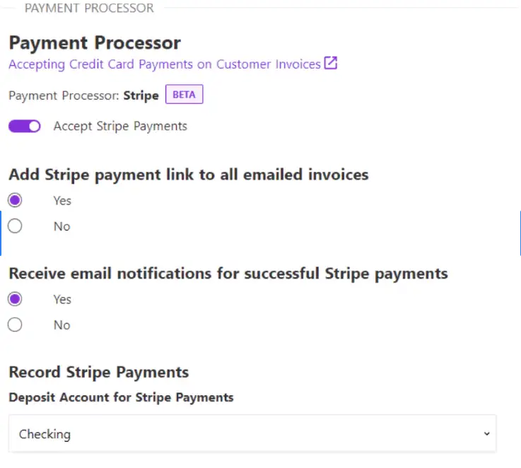 Patriot settings for connecting Stripe