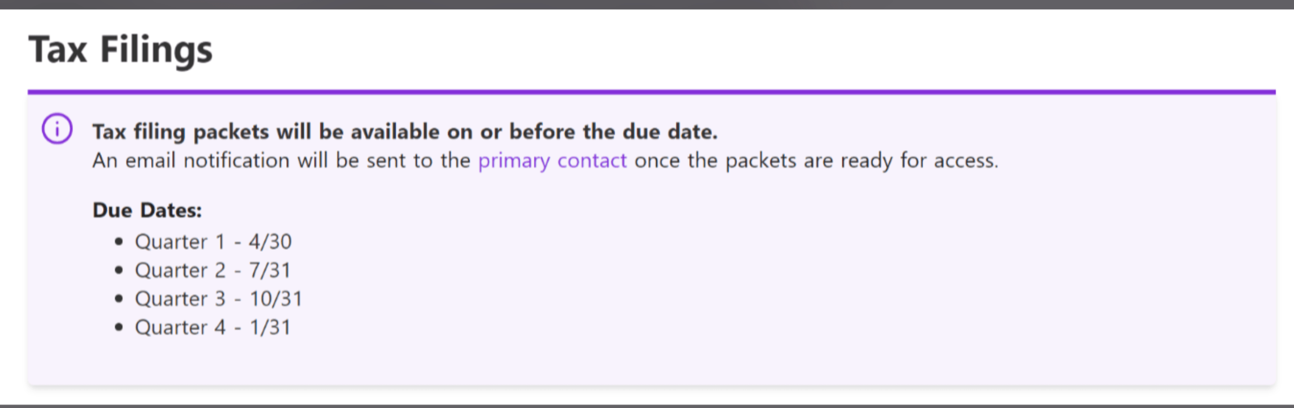 Example of the tax filing notification for full service customers