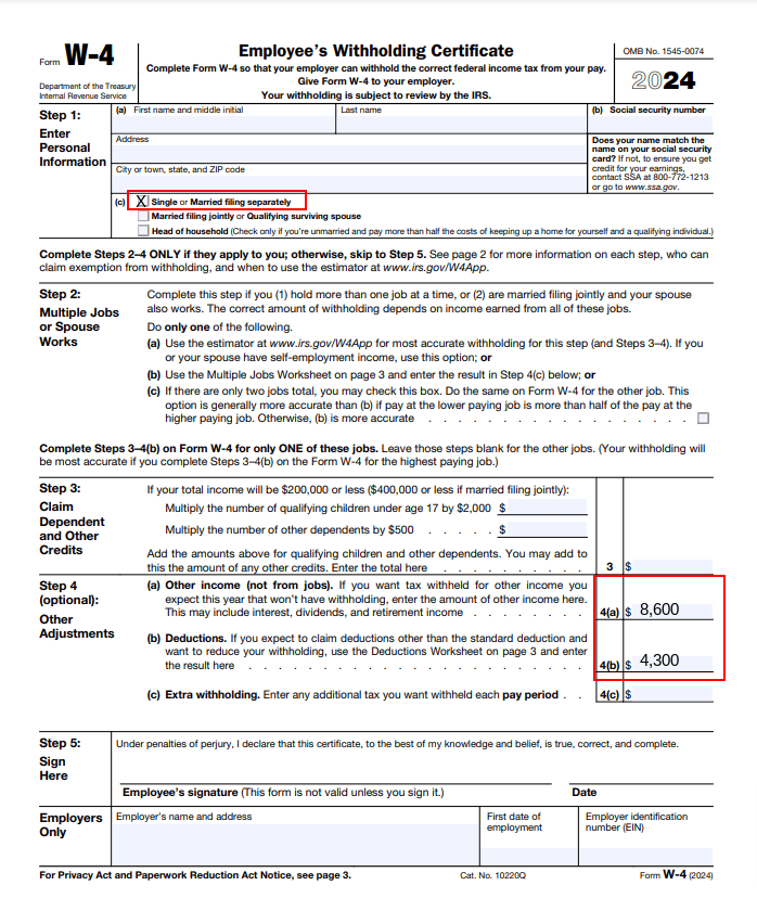 2024 Form W-4 filled out using the computational bridge