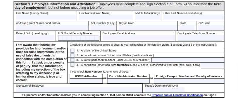 Section 1 of Form I-9: Employee Information and Attestation. Screenshot of the USCIS I-9 PDF. 