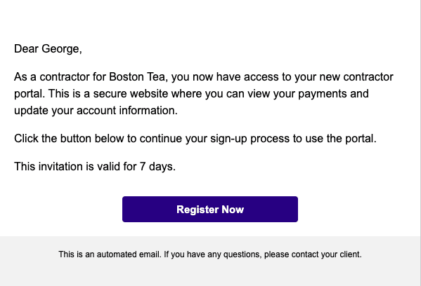 example of a contractor portal email invitation
