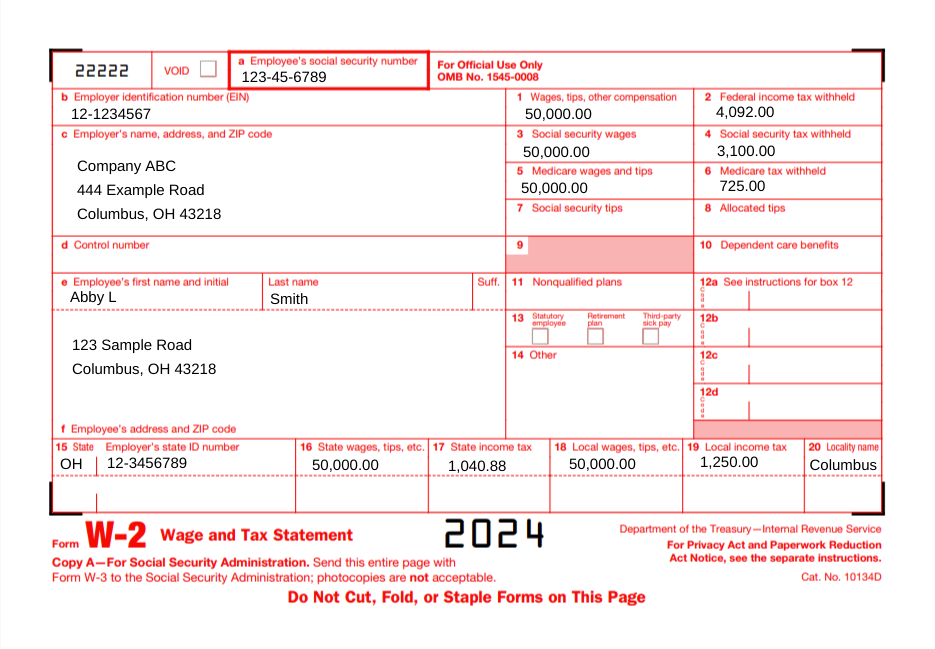Example Form W-2 for an employee who earns $50,000.