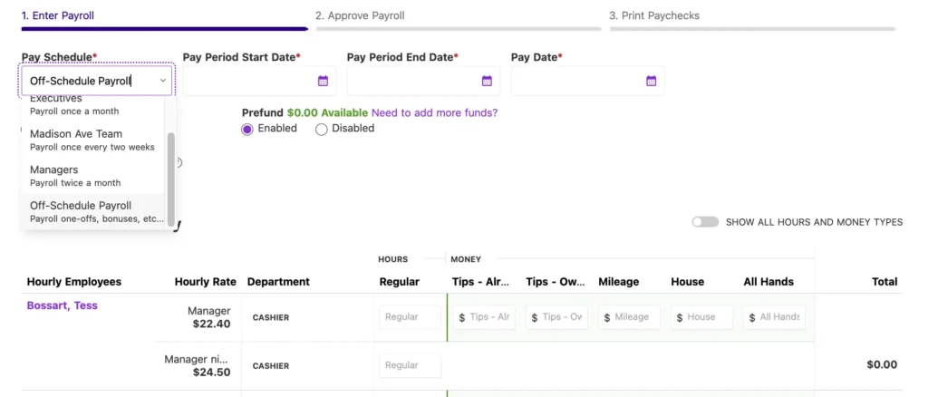 example of an off-cycle payroll dropdown in Patriot