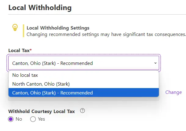 Example of recommended employee tax jurisdiction settings