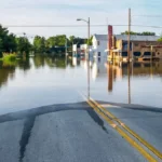 flooded road and town