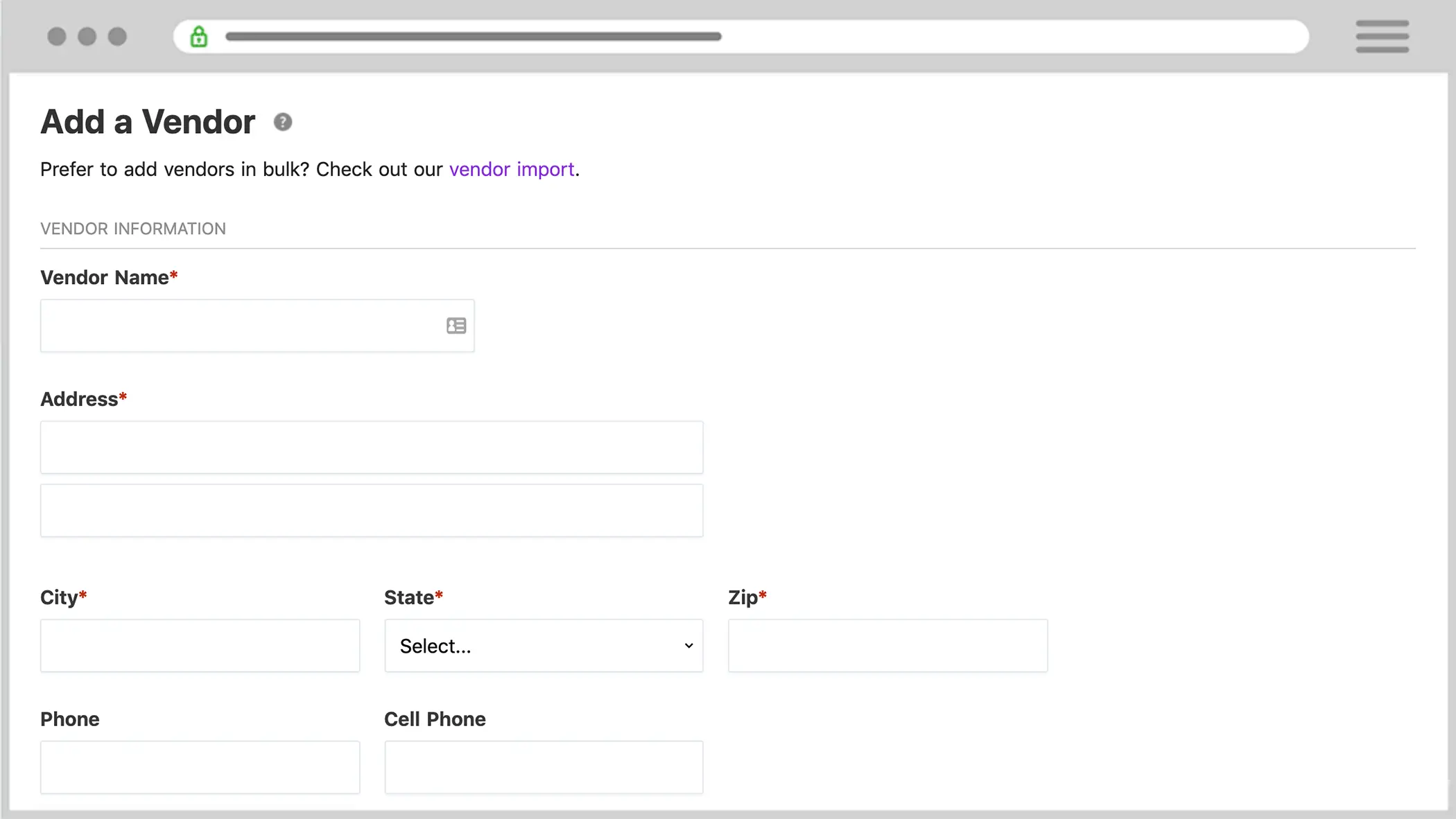 Patriot's Add a Vendor page in the accounting software.