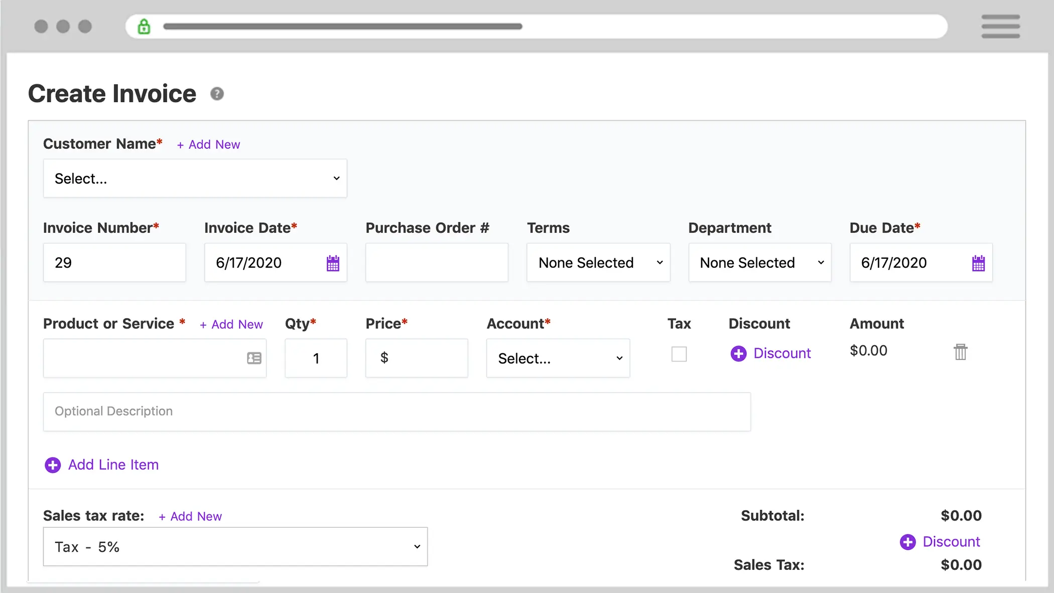 Patriot's Create Invoice page in the accounting software.