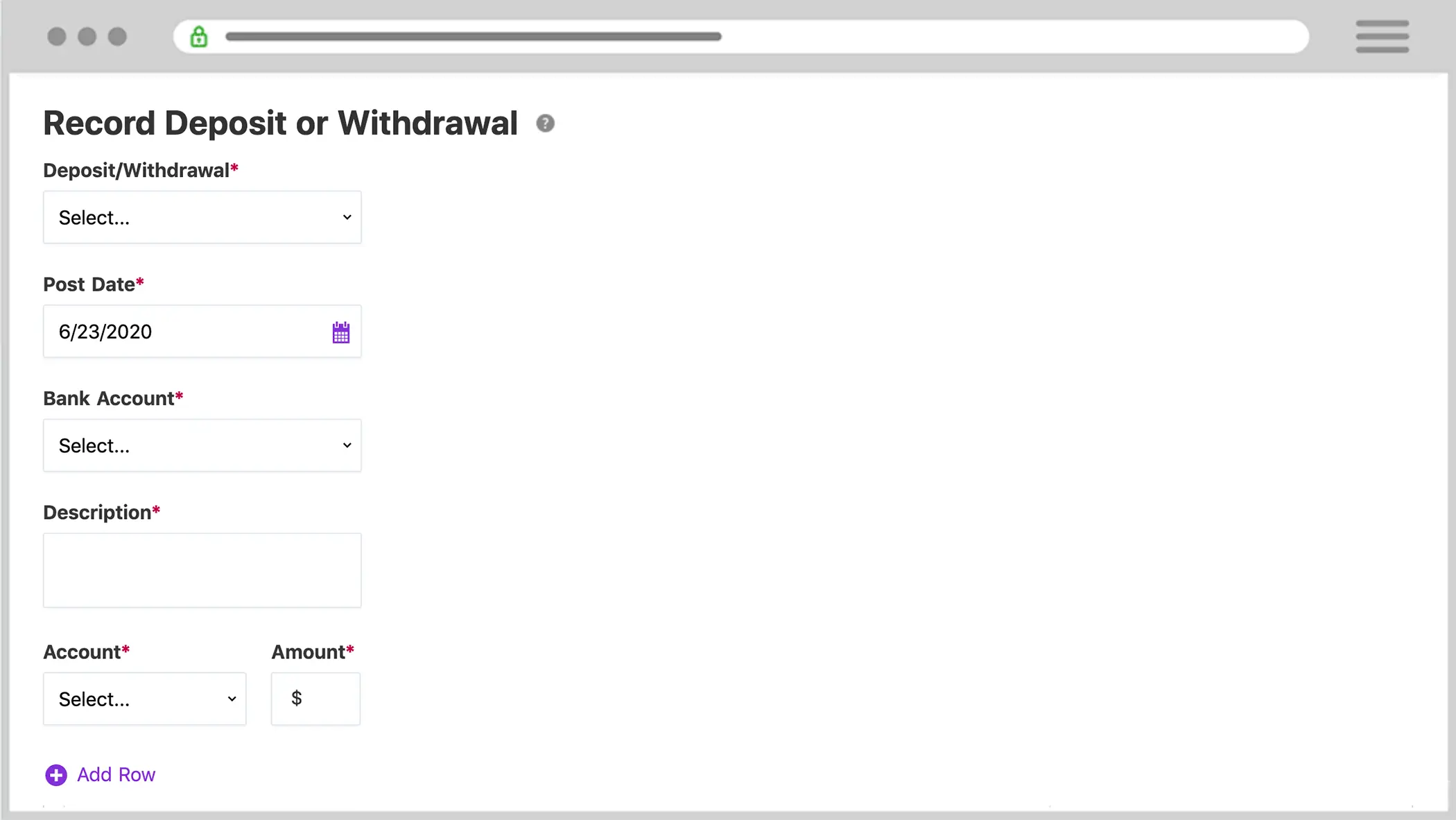 Patriot's Record Deposit or Withdrawal page in the accounting software.