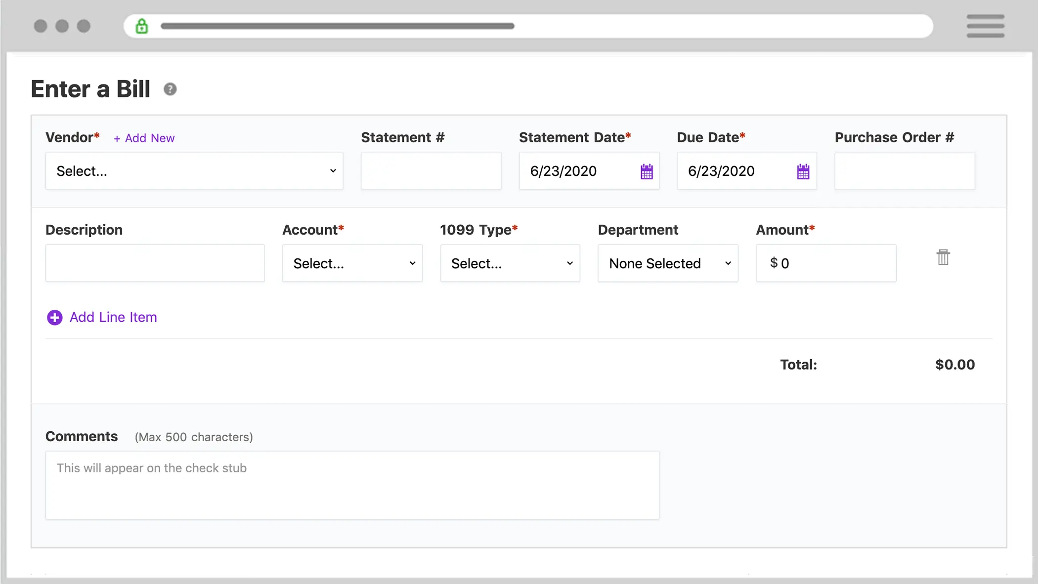Enter a Bill page in Patriot's accounting software.