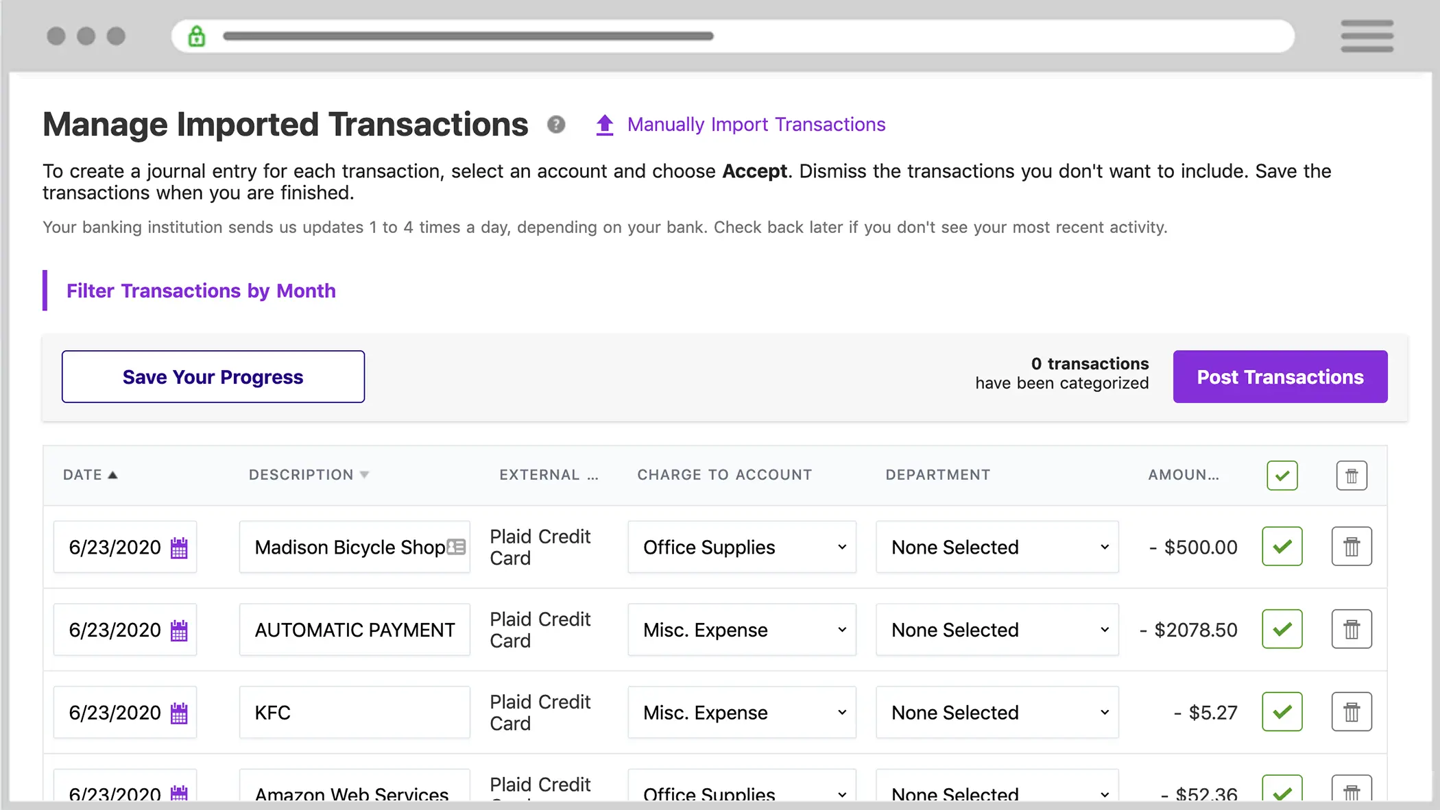 Manage Imported Transactions page in Patriot's accounting software.