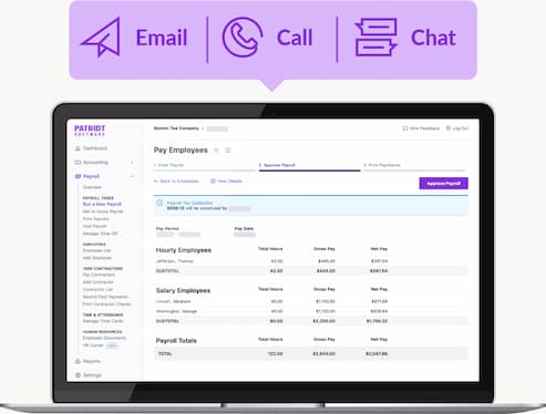 Patriot Software Run Payroll step 2 screen with support options via email, call, or chat.