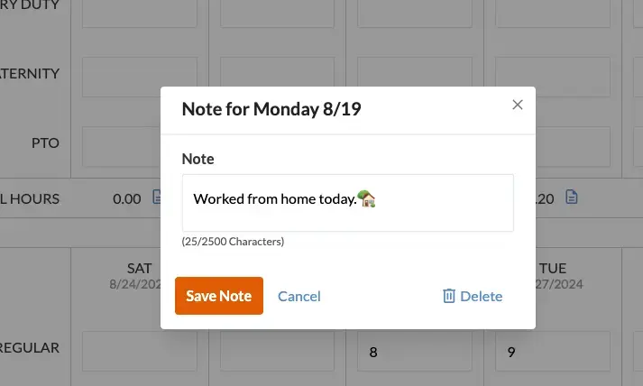 Daily notes on time cards in Patriot Software.