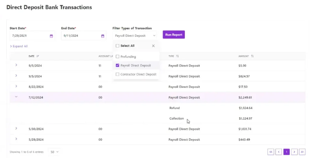 Direct Deposit Bank Transactions Report in Patriot.