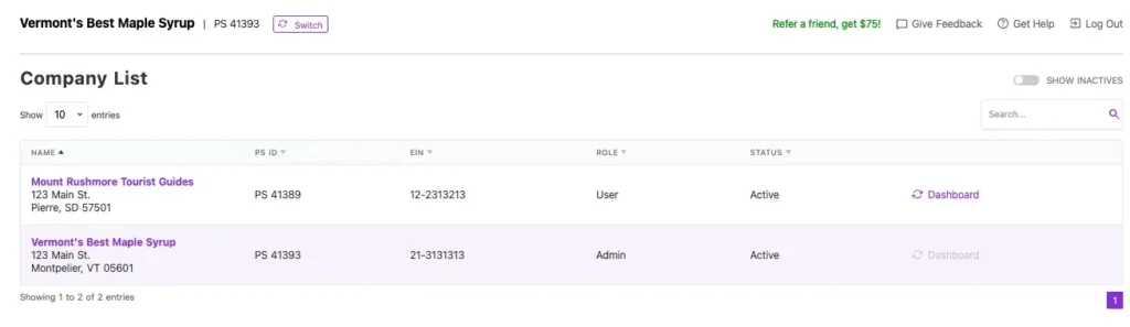 Multi-company access in Patriot Software.