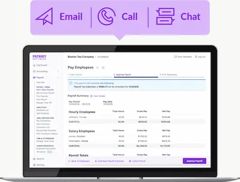Patriot Software Run Payroll step 2 screen with support options via email, call, or chat.